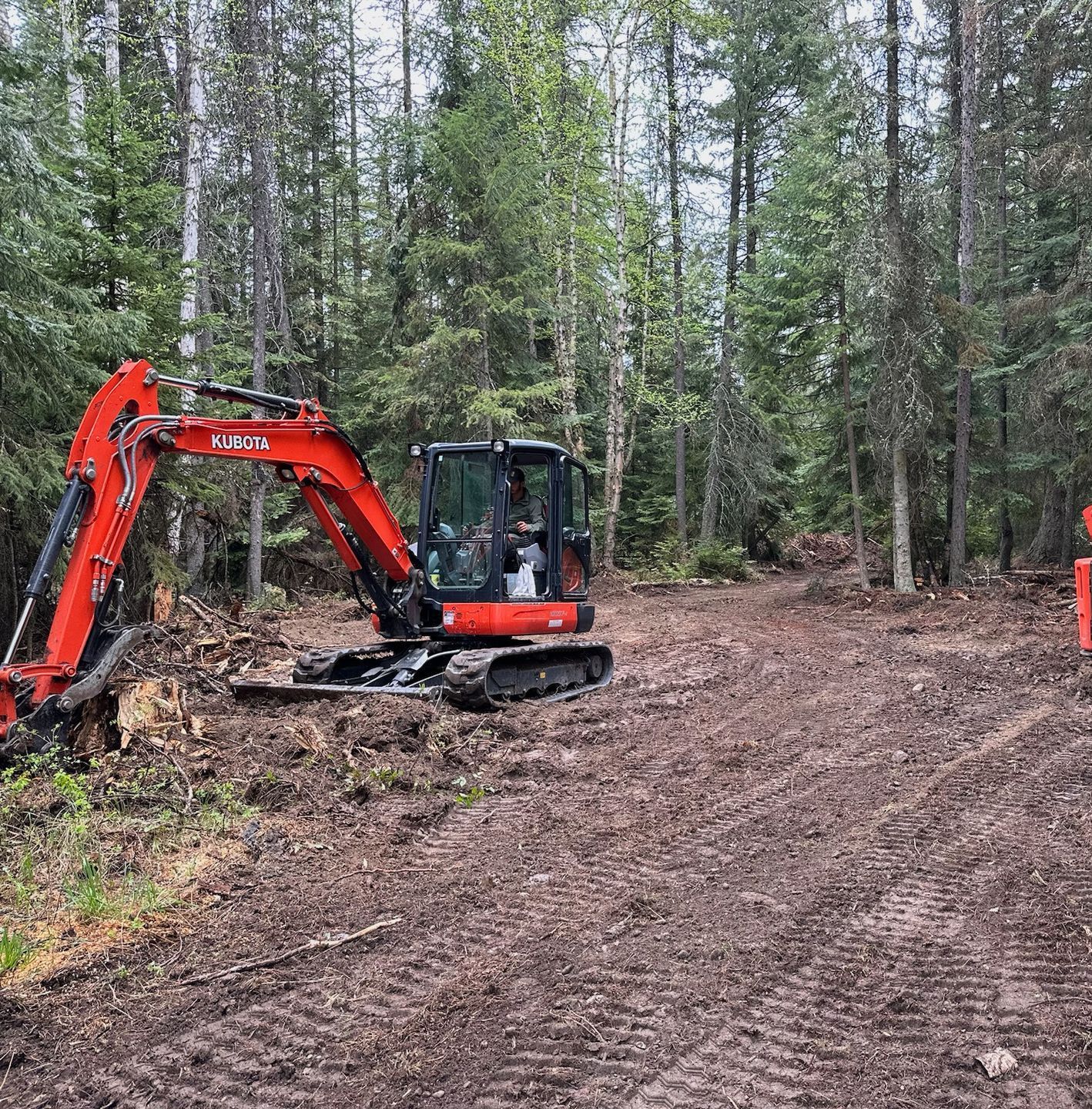 A red excavator is completing a Land Clearing project. 