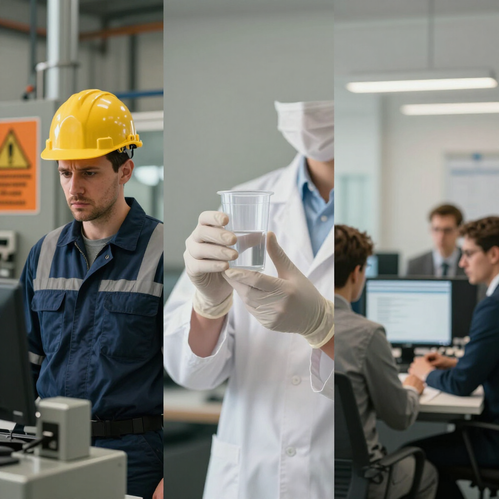 Split view of a factory worker, lab technician, and office meeting in modern industrial settings