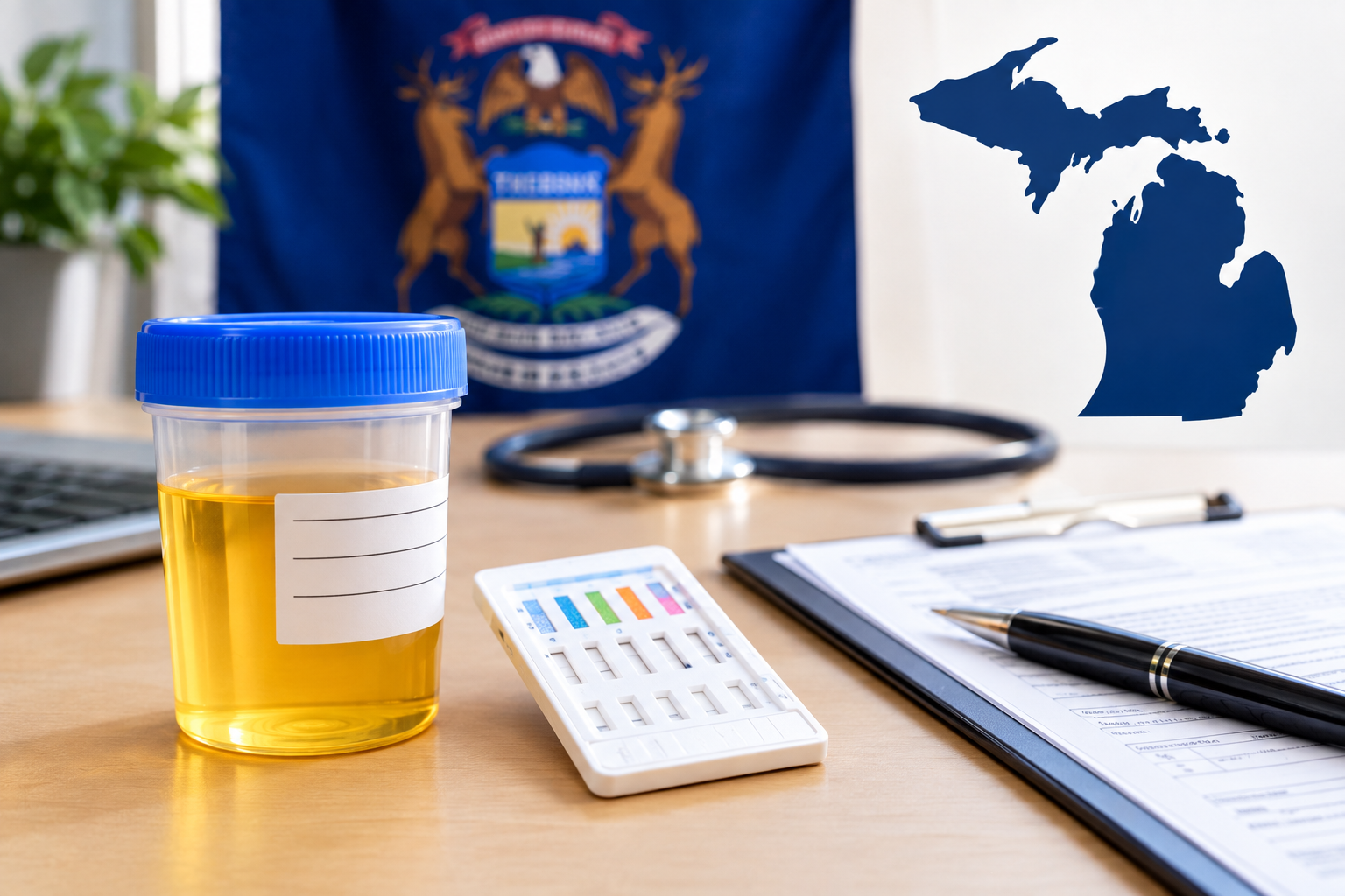 Yellow urine sample cup, test card, and notebook on a desk with a Michigan state logo in the background