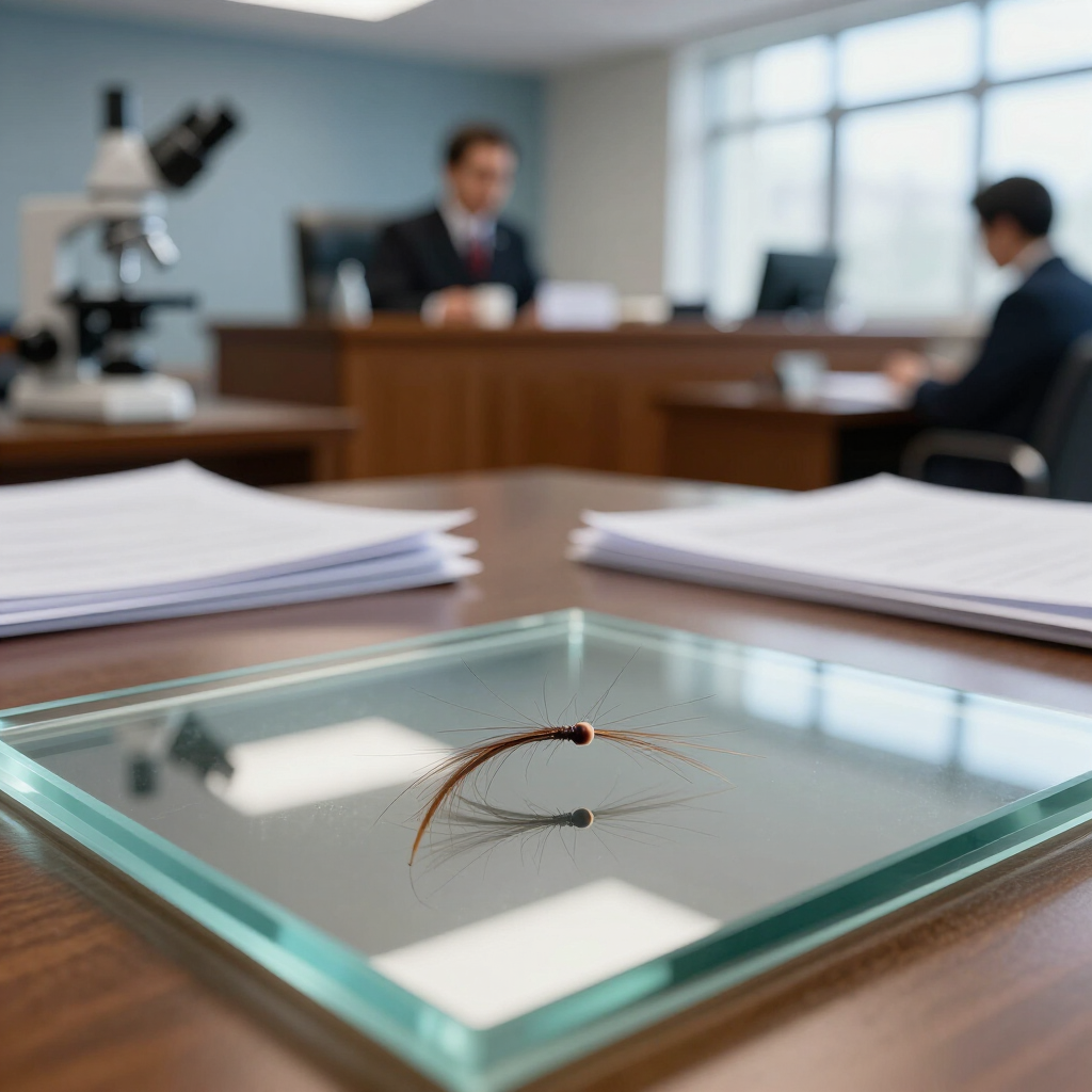 Courtroom scene with a strand of hair on a glass-covered table in the foreground, papers stacked nearby.