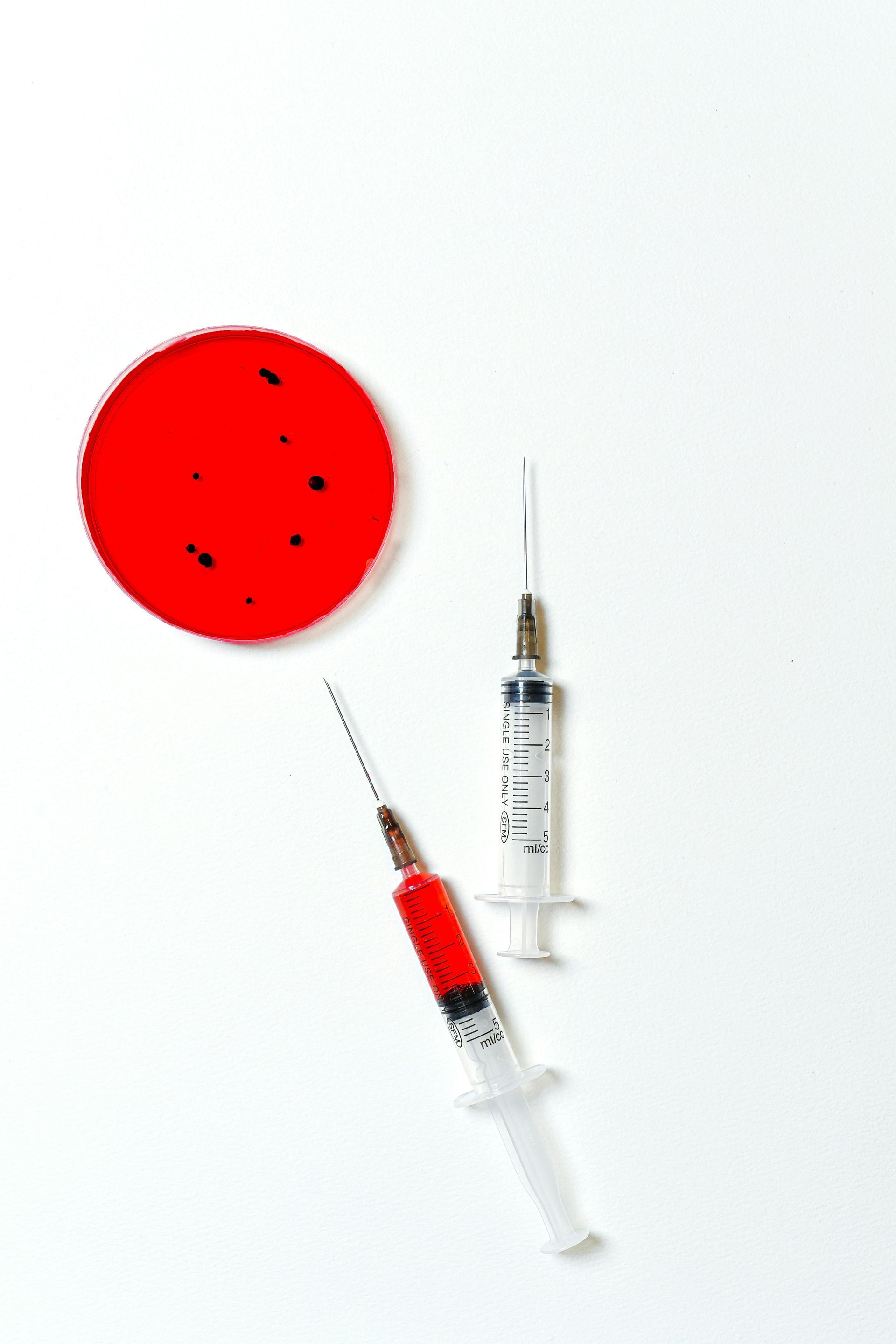 Red cookie with black chips and two syringes on a white background