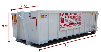 White roll-off dumpster with red lettering, labeled with dimensions 13' long, 7.5' wide, and 3.3' high.