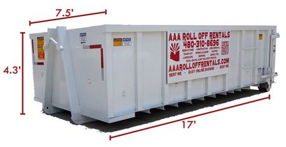White roll-off dumpster with red markings, labeled dimensions 17' long, 7.5' wide, and 4.3' high.