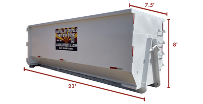 White industrial dumpster with labeled side panel, shown in perspective with red dimension measurements.