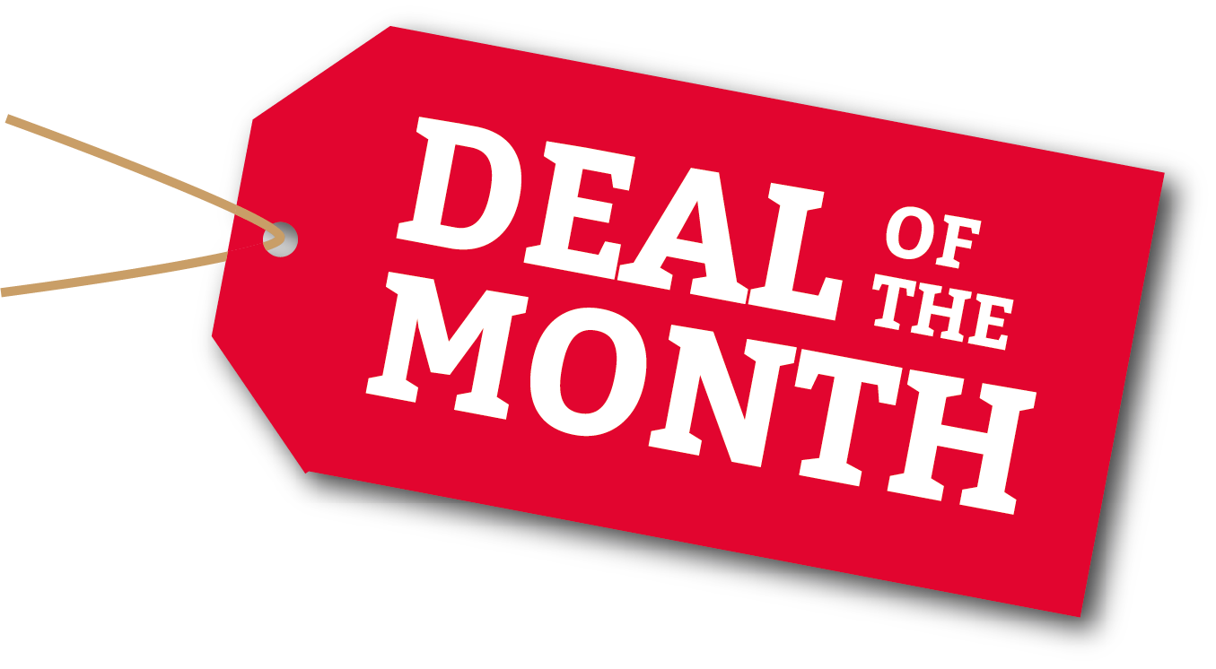 Red sale tag reading “DEAL OF THE MONTH” hanging by twine on a white background