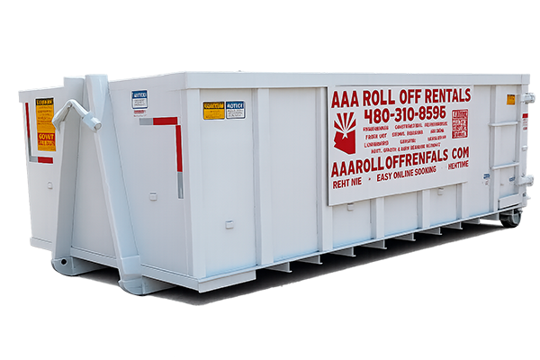 White roll-off dumpster with red AAA Roll Off Rentals text and logo on the side