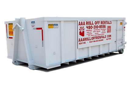 White roll-off dumpster with red AAA Roll Off Rentals text and logo on the side
