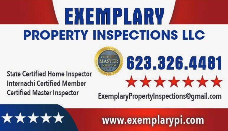 Exemplary Property Inspections LLC business card with blue, red and white design, phone number, email, website, and stars