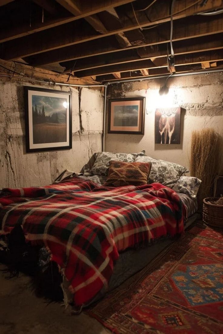 A bedroom in a basement with a bed and pictures on the wall.