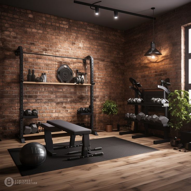 A gym with a brick wall and wooden floors