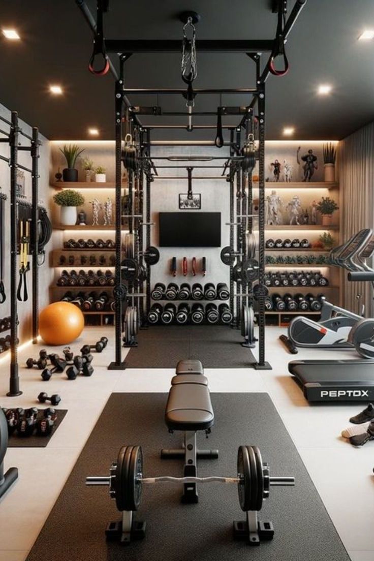 A gym with a lot of dumbbells and a treadmill.
