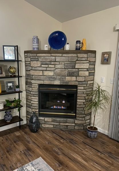 Living room with stone fireplace, hardwood floor, shelving, and potted plants