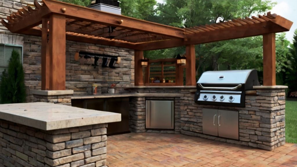 An outdoor kitchen with a grill and a wooden pergola.