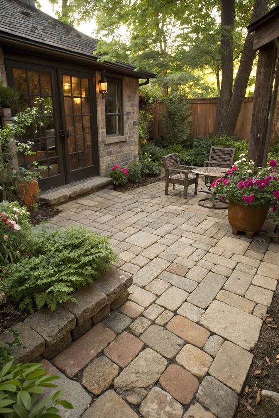 Stone patio garden with wooden bench, potted flowers, and a rustic cottage surrounded by trees