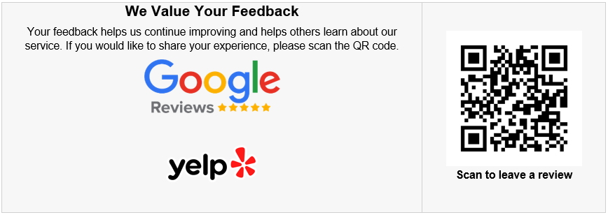 We Value Your Feedback card with Google Reviews and Yelp logos and a QR code to scan for a review
