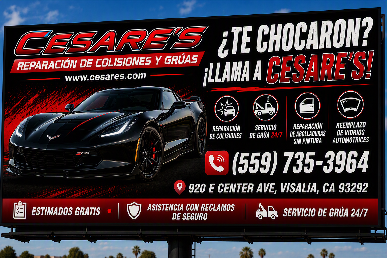 Red and black auto repair billboard advertising Cesares collision and paint services with phone number and car icons