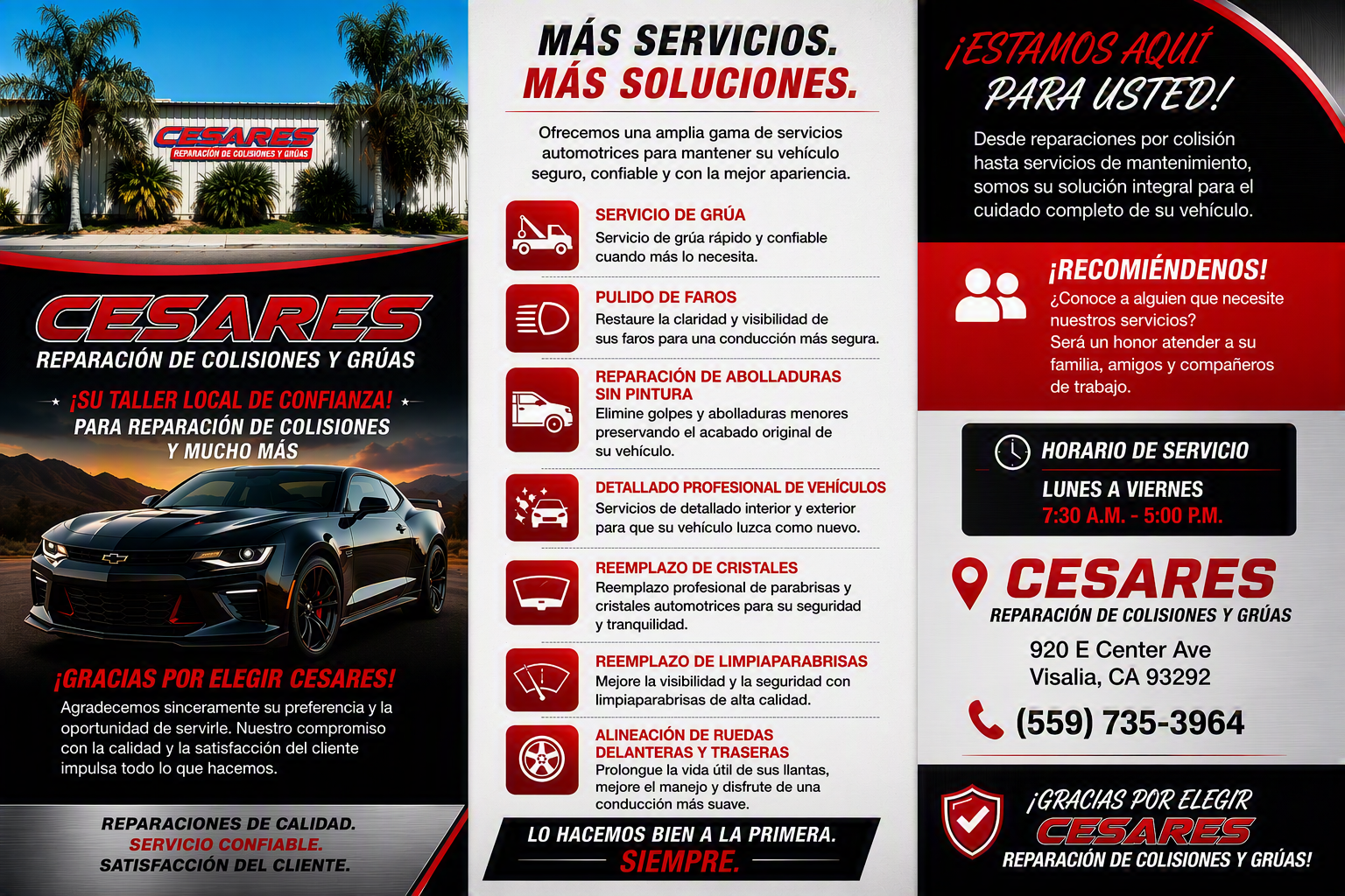 Spanish car-service ad for CESARES, showing a black sports car and three red-and-black service panels.