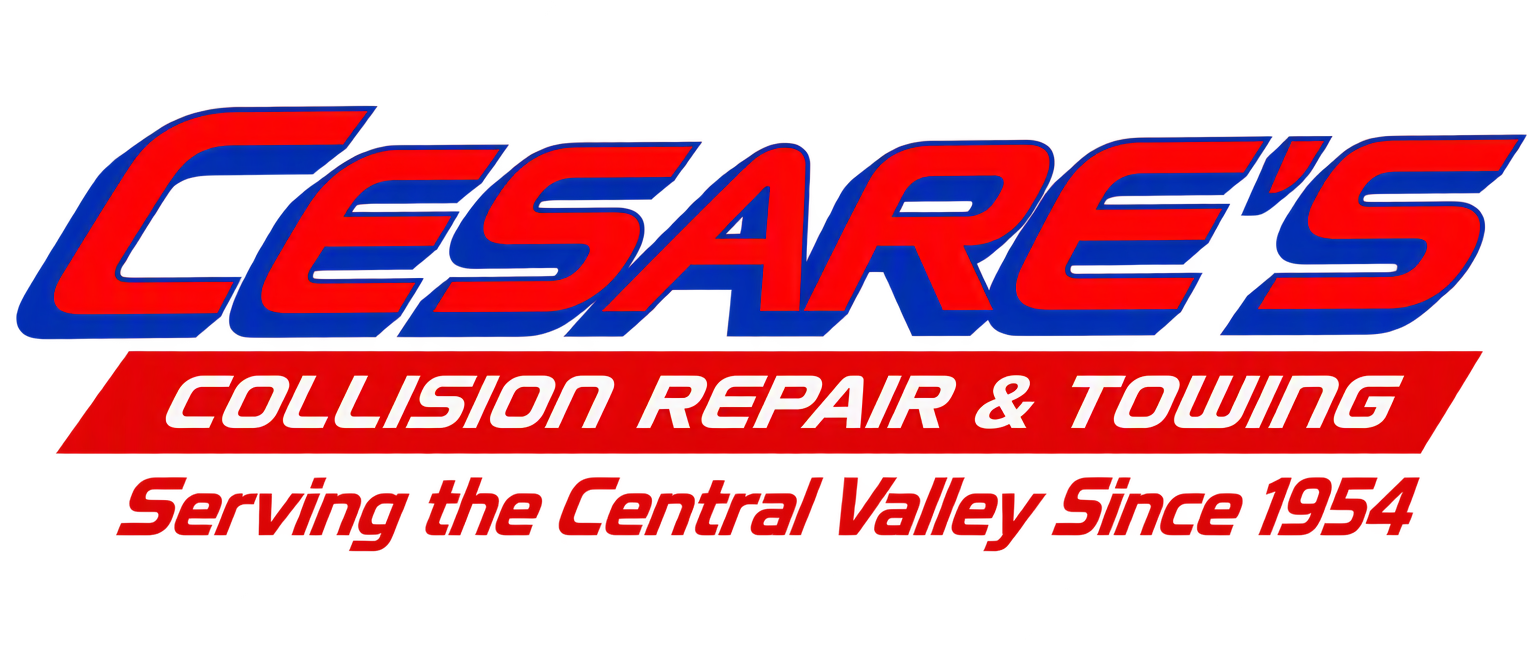 Cesare&rsquo;s Collision Repair & Towing logo in red and blue with &ldquo;Serving the Central Valley Since 1954&rdquo;