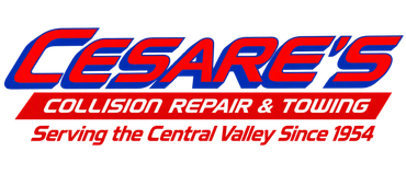 Cesare’s Collision Repair & Towing logo in red and blue with “Serving the Central Valley Since 1954”