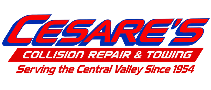 Cesare’s Collision Repair & Towing logo in red and blue with “Serving the Central Valley Since 1954”