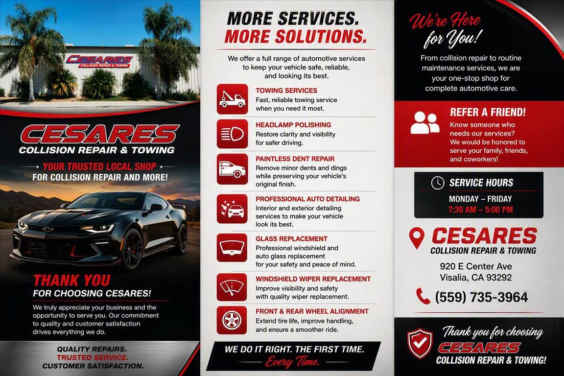 Car detailing service flyer for Cesar’s with red and black car wash graphics and contact information