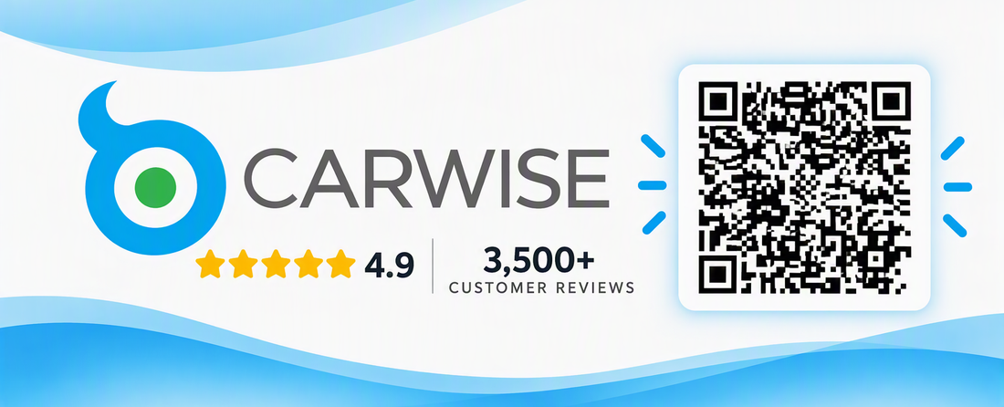 CARWISE logo banner with QR code, 4.9-star rating, and 3,500+ reviews on blue background