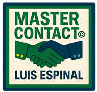 Logo for Master Contact Luis Espinal with green handshake icon and teal border