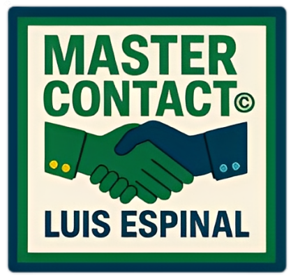 Logo for Master Contact Luis Espinal with green handshake icon and teal border