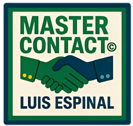 Logo for Master Contact Luis Espinal with green handshake icon and teal border