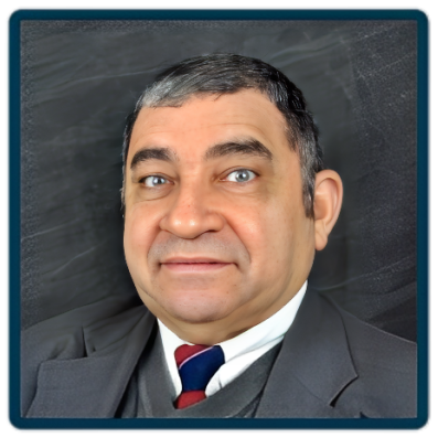 Portrait of a man in a gray suit and striped tie against a dark chalkboard background