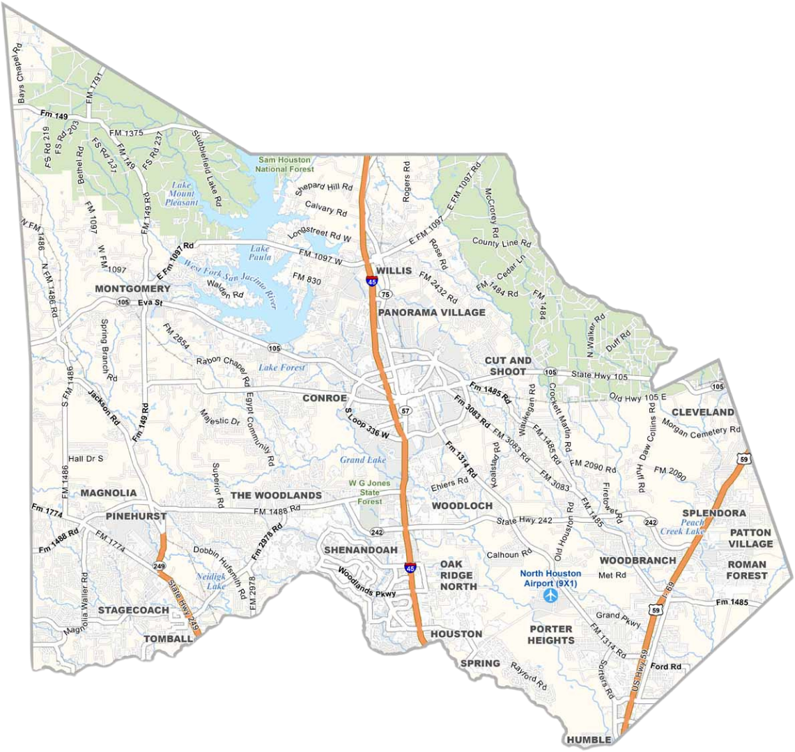 Map of a county with roads, towns, and green park areas highlighted in orange and blue.