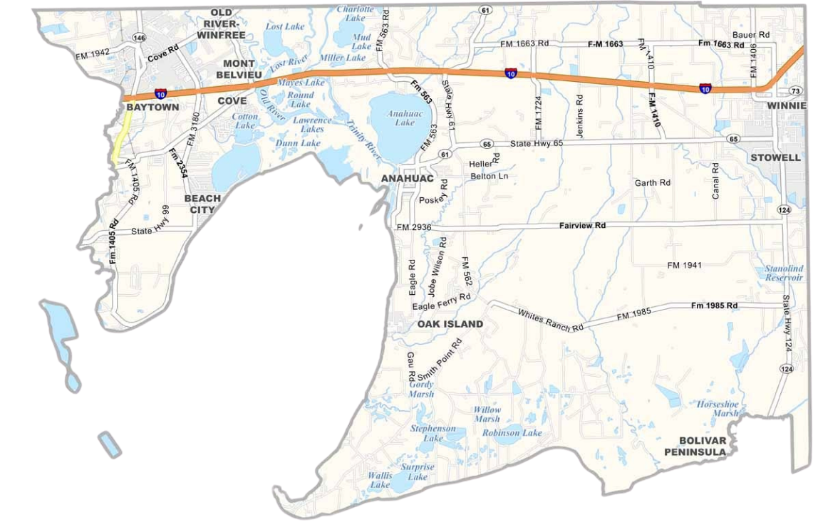 Map showing a wide orange route across a coastal area with lakes and city labels.