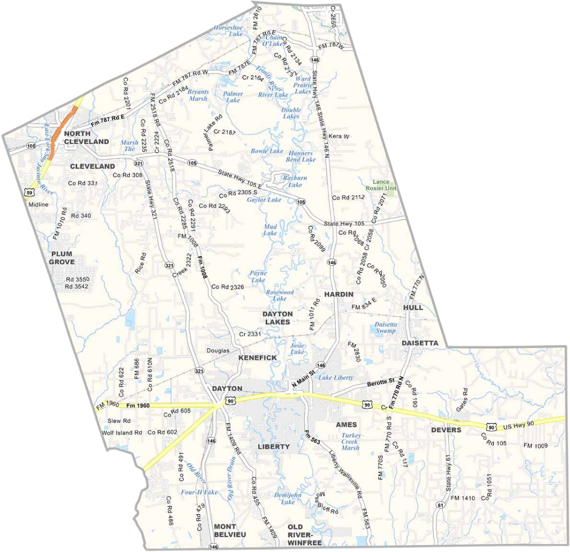 Map outline with labeled streets, neighborhoods, and a yellow highway running across the center