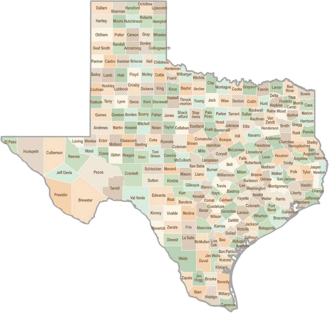 Color-coded map of Texas counties with county names labeled.