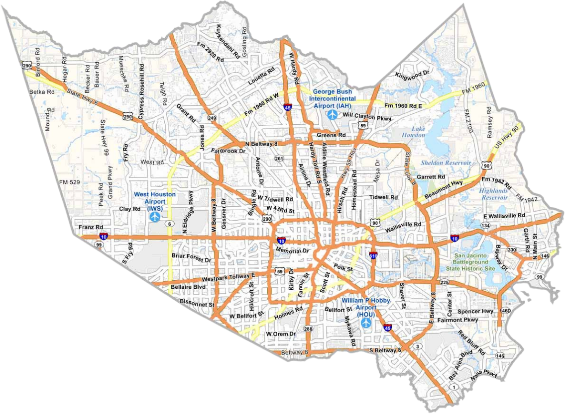 Annotated city map with orange major roads, neighborhood labels, and blue water features.