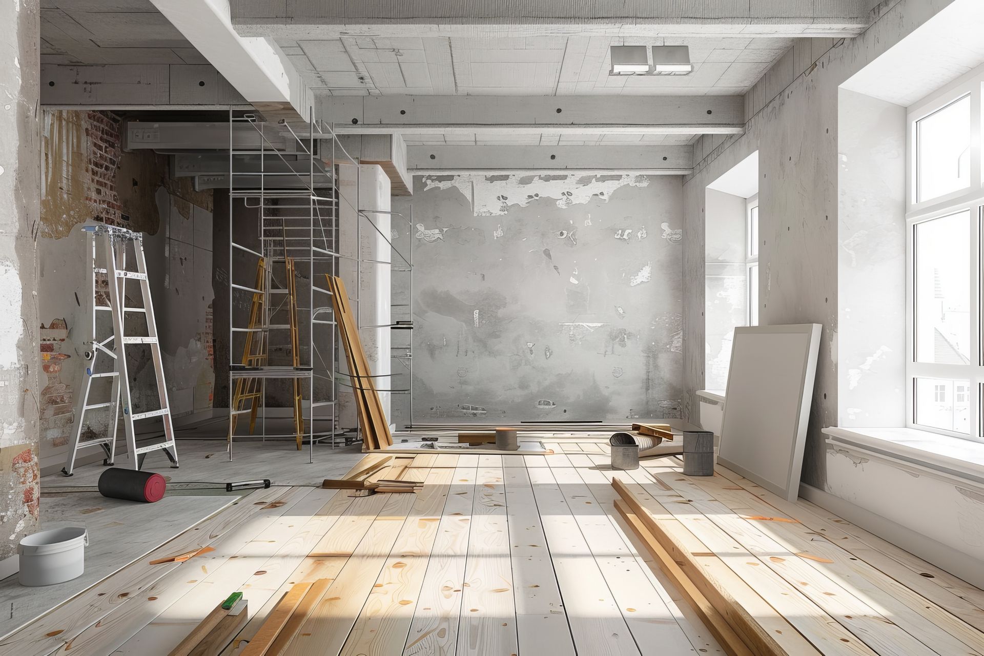Interior undergoing renovation, with exposed brick, scaffolding, and wood beams on the floor.