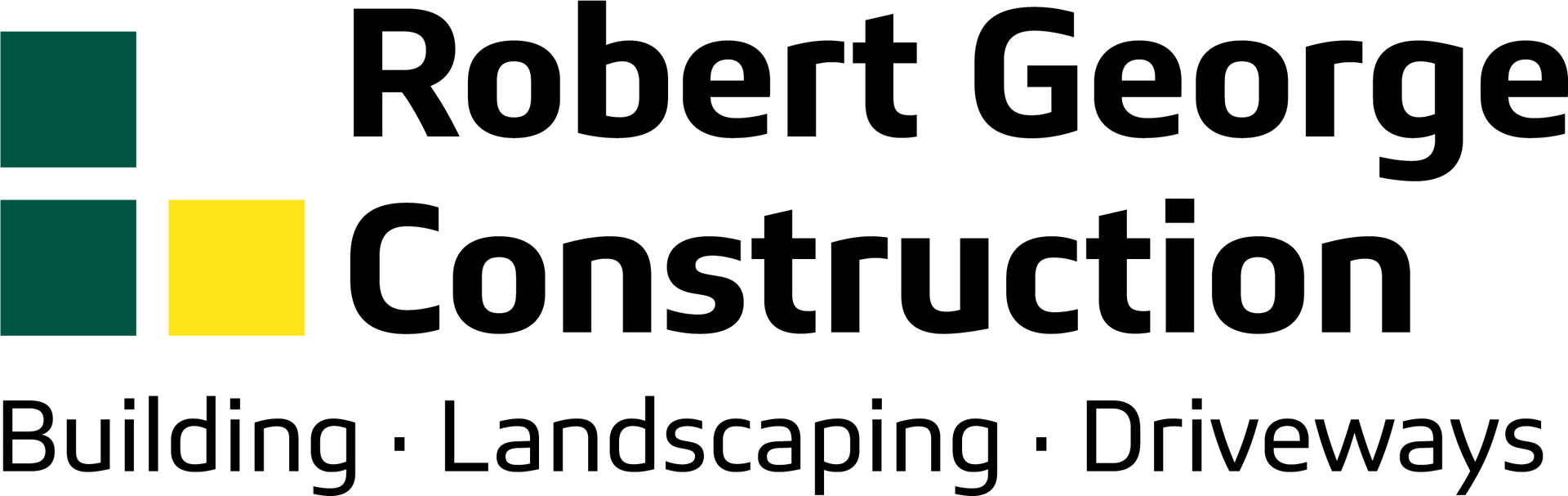 Logo for Robert George Construction, featuring green and yellow squares and black text. Includes the services offered.