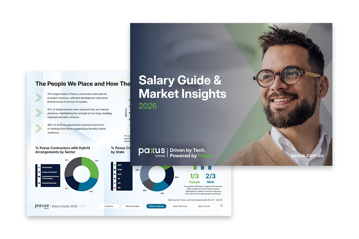 Salary guide and market insights report, with charts and a man wearing glasses.