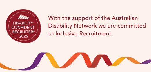 Red badge: Disability Confident Recruiter 2026. Text: Inclusive Recruitment with support of Australian Disability Network.