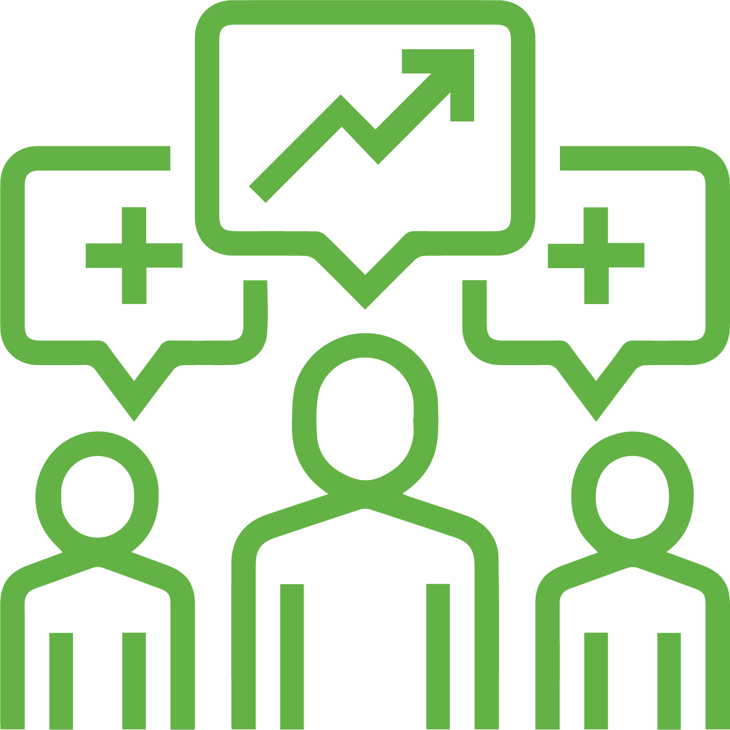 Three people with speech bubbles, plus signs, and upward trending graph, green.