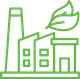 Green industrial factory with leaves, representing sustainability.