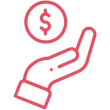 Hand holding up a coin with a dollar sign; pink outline.