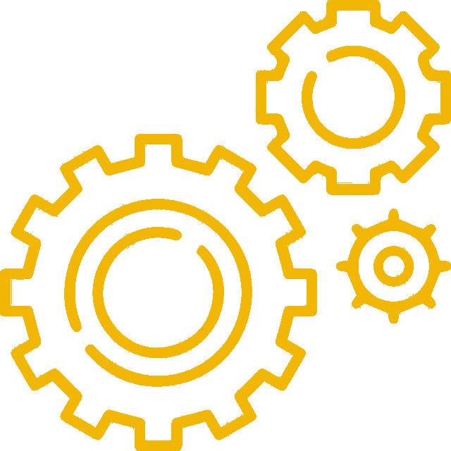 Three yellow gears are connected to each other on a white background.