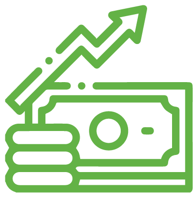 Hand holding money with a rising zigzag arrow, suggesting financial growth.