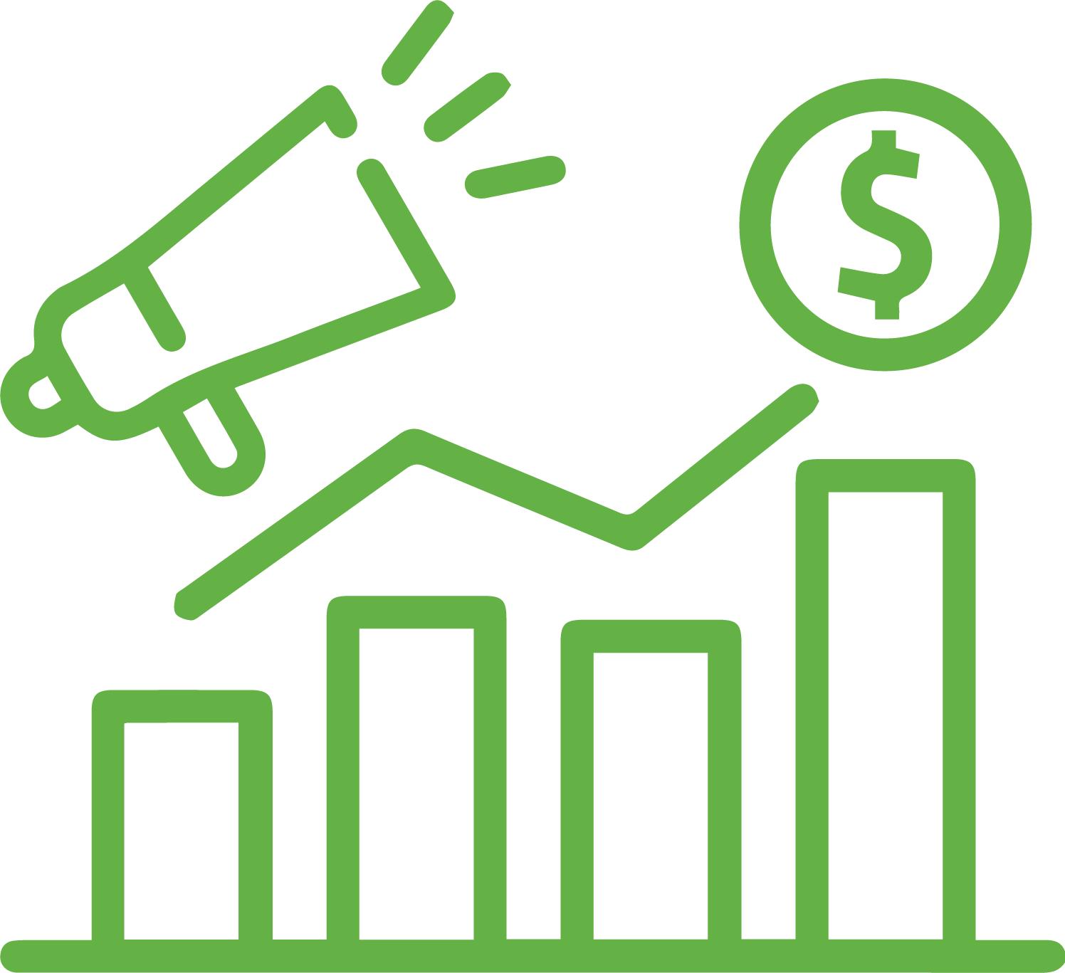 Green chart showing growth with megaphone and dollar sign.