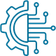 Blue gear and circuit board icon, representing technology and engineering.
