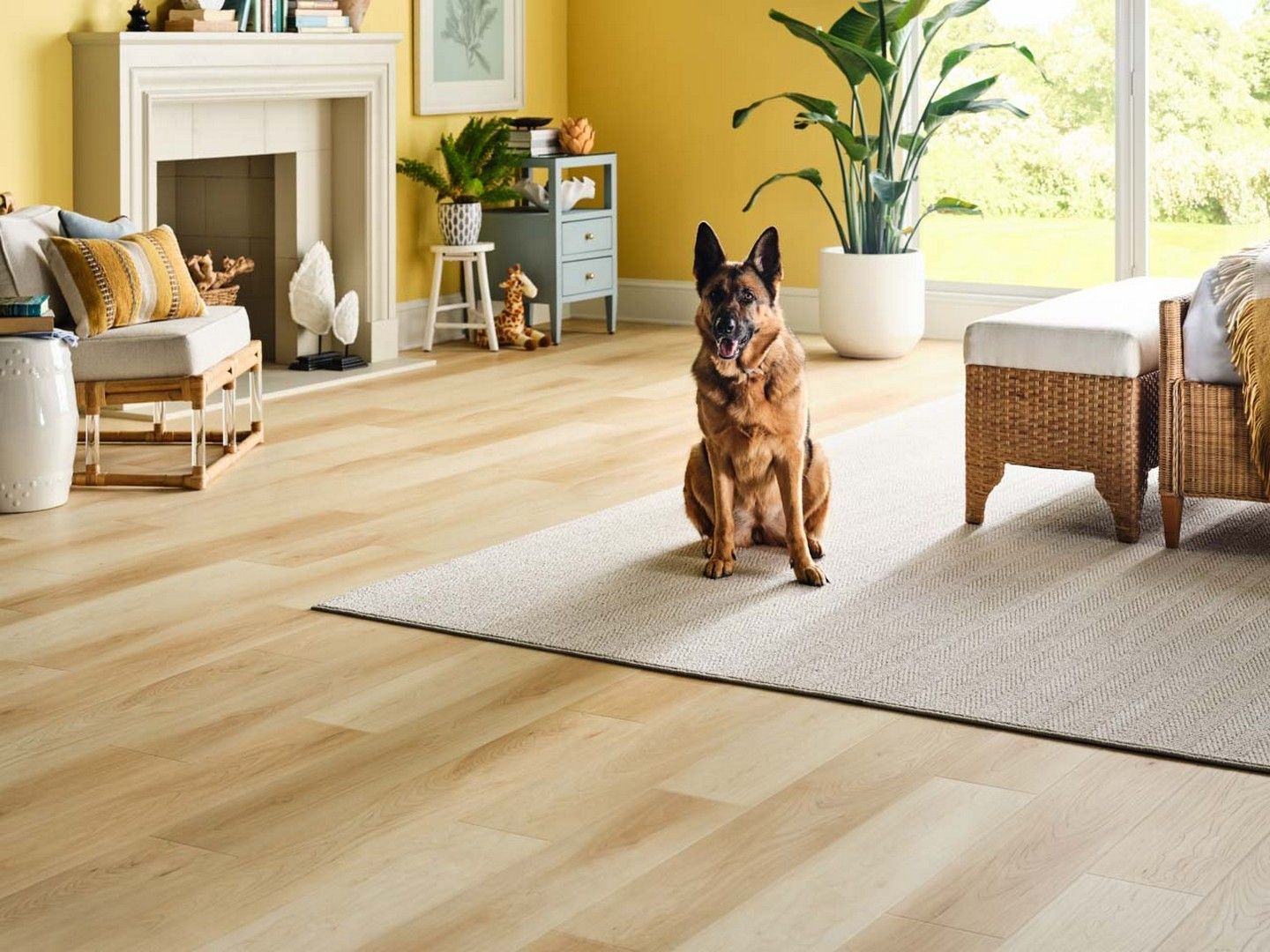 Dog sitting on a light rug in a bright, modern living room with wicker chairs and a fireplace