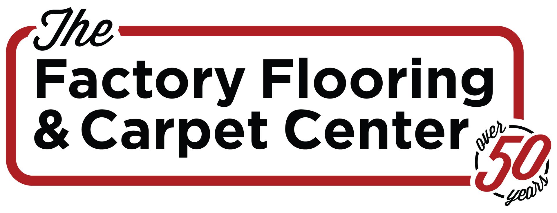The Factory Flooring & Carpet Center logo with red border and 50 years badge