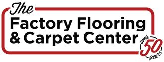 The Factory Flooring & Carpet Center logo with red border and 50 years badge