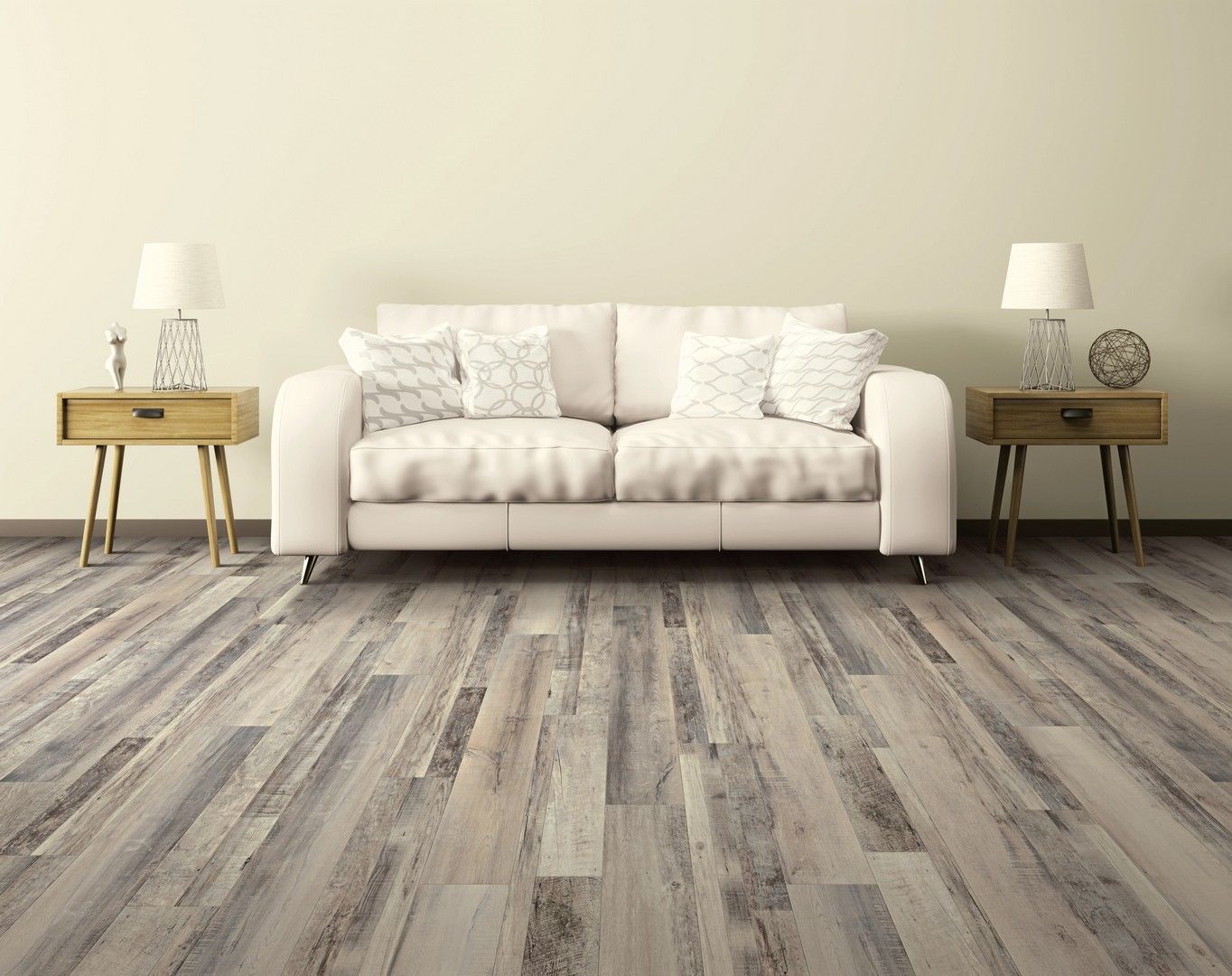 Display of wood flooring samples in a showroom, with multiple stands and sample planks arranged in rows.